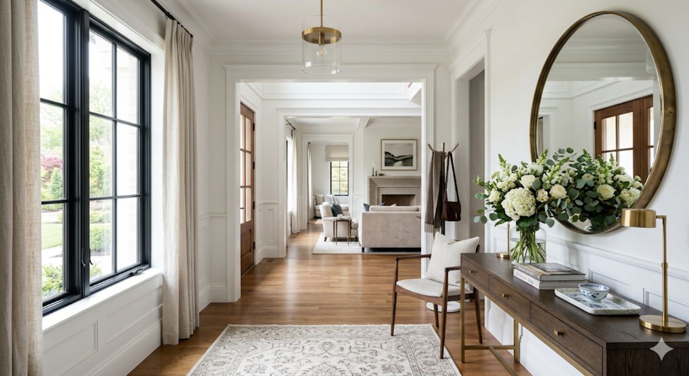 Entryway with console table and mirror in a luxury home
