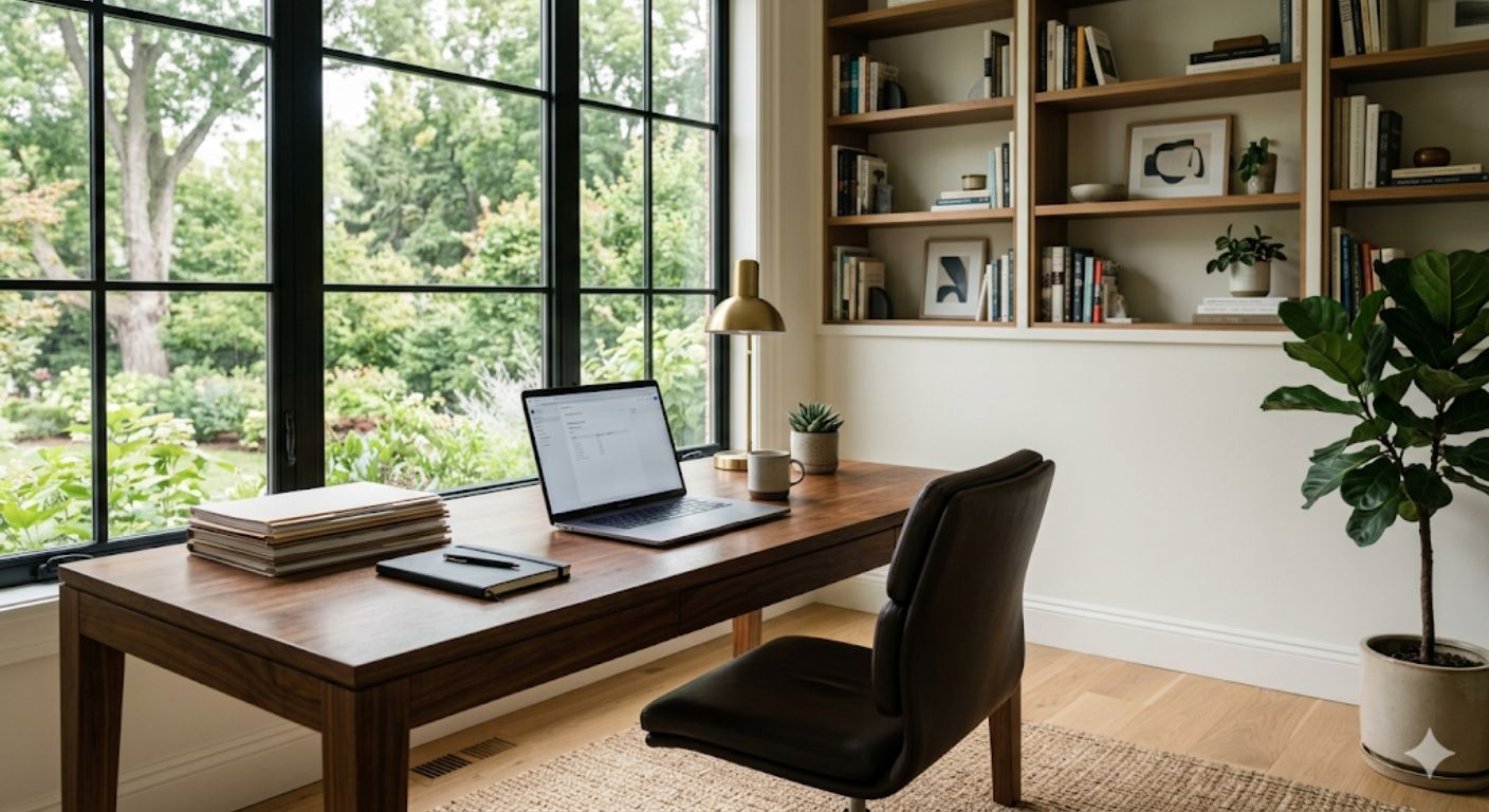 Desk with laptop and papers in a sunlit home office
