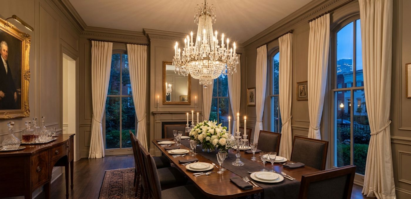 Elegant formal dining room in a luxury Washington DC home with walnut table, crystal chandelier, and ivory curtains