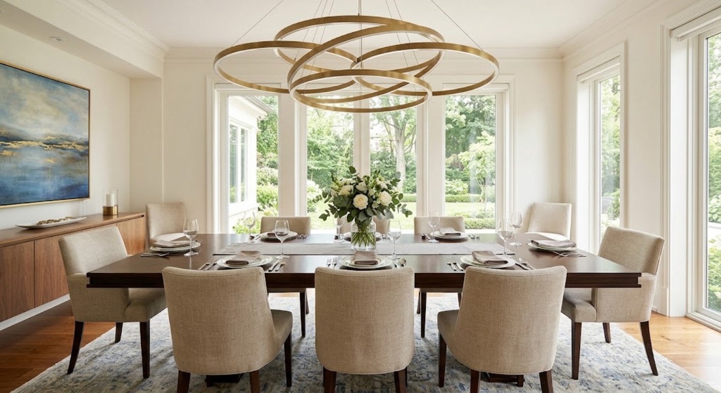 Luxury dining room with chandelier and floor-to-ceiling windows in a Washington DC home