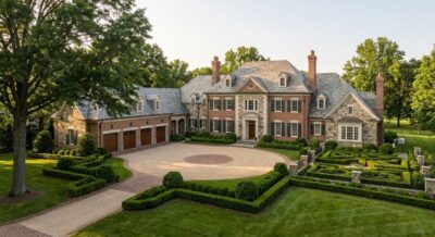 Exterior of a luxury estate home with circular driveway and mature trees in Great Falls, Virginia