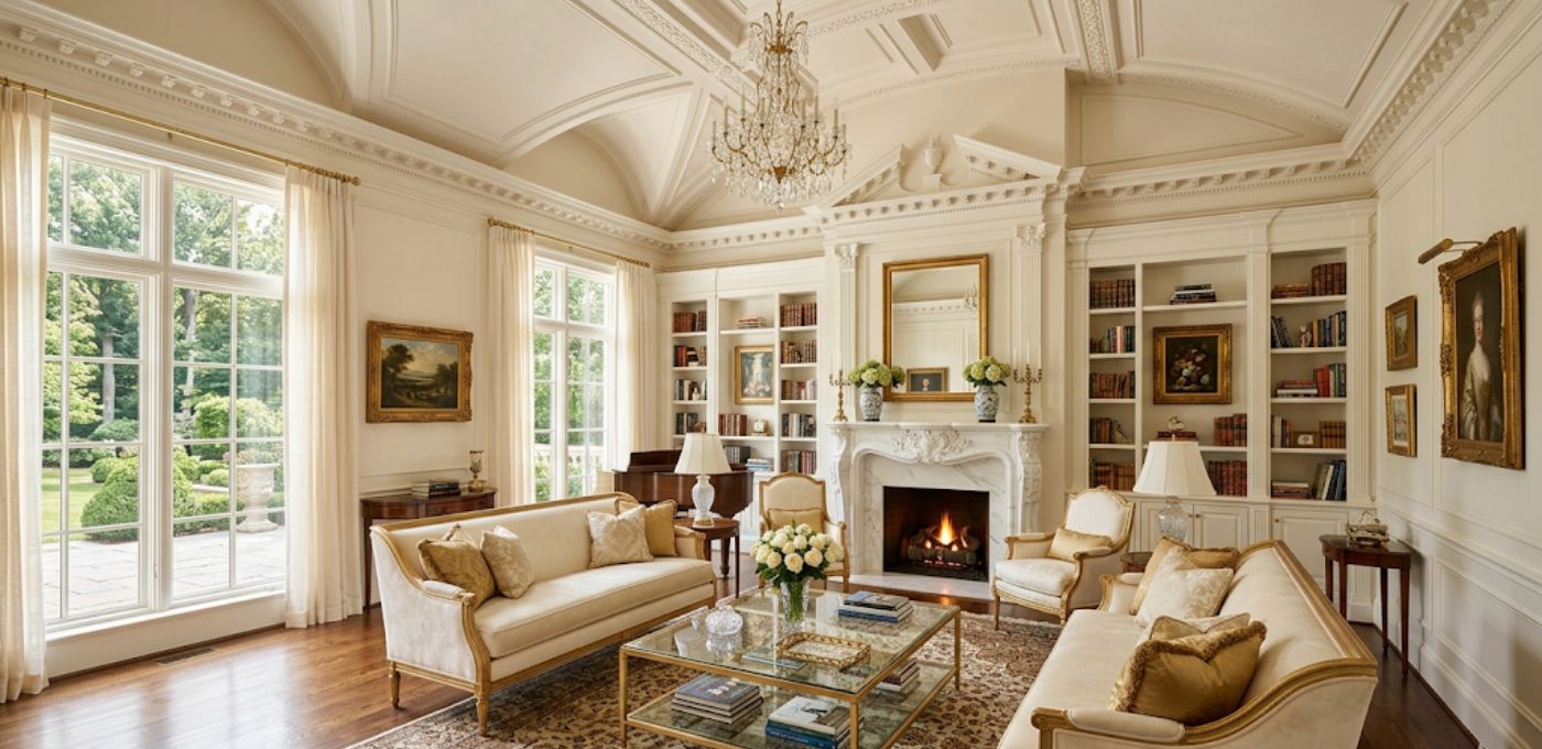 Grand formal living room in a luxury estate home in Potomac Maryland with marble fireplace and custom millwork