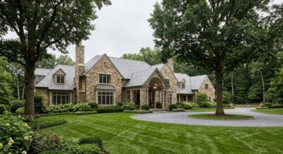Luxury estate home with stone facade and mature trees in Potomac Maryland