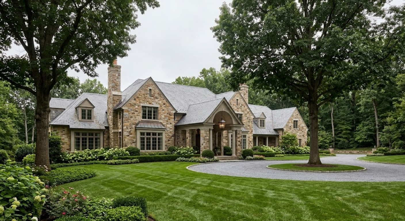 Luxury estate home with stone facade and mature trees in Potomac Maryland