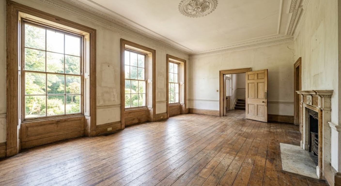 Unfurnished luxury home interior with original crown molding and hardwood floors in Washington DC