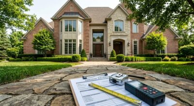 Luxury brick home exterior with appraisal clipboard and measuring tools on stone walkway in Washington DC