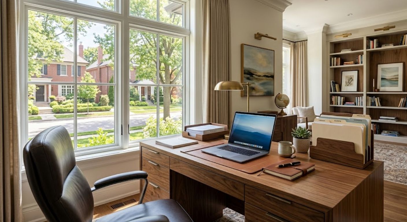 Sunlit home office with desk and paperwork in a luxury DC home