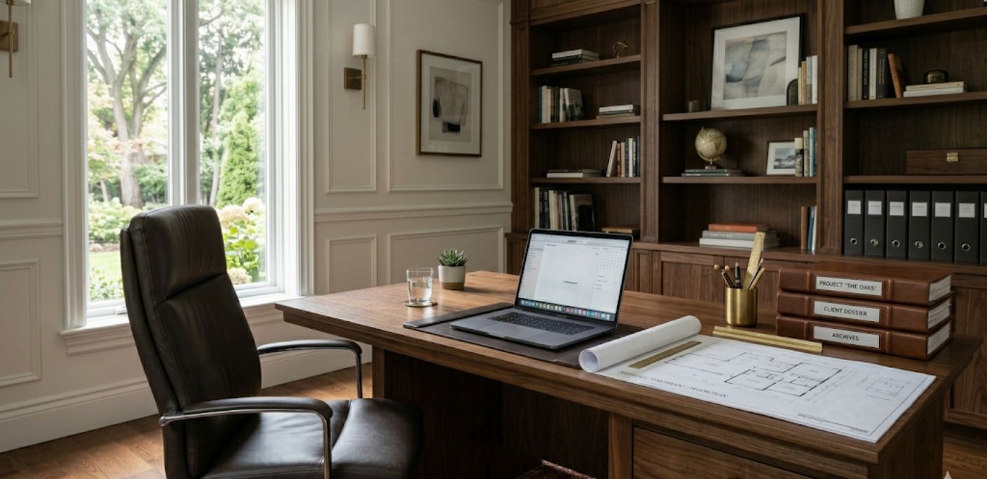 Organized luxury home office with desk, laptop, and documents representing the luxury home buying pre-approval process in Washington DC