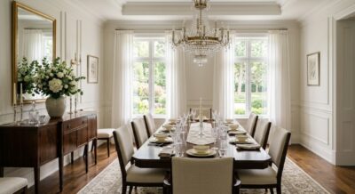 Luxury dining room with statement chandelier and fresh flowers in a Washington DC home