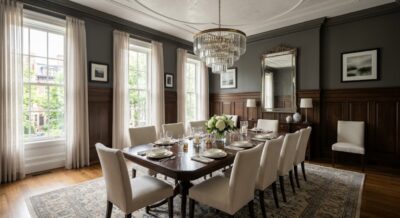 Formal dining room with chandelier and tall windows in a luxury Washington DC home