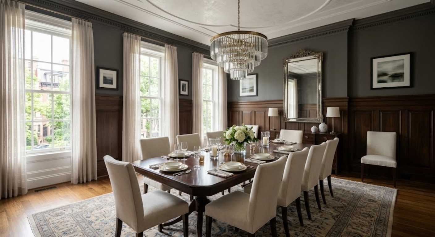 Formal dining room with chandelier and tall windows in a luxury Washington DC home