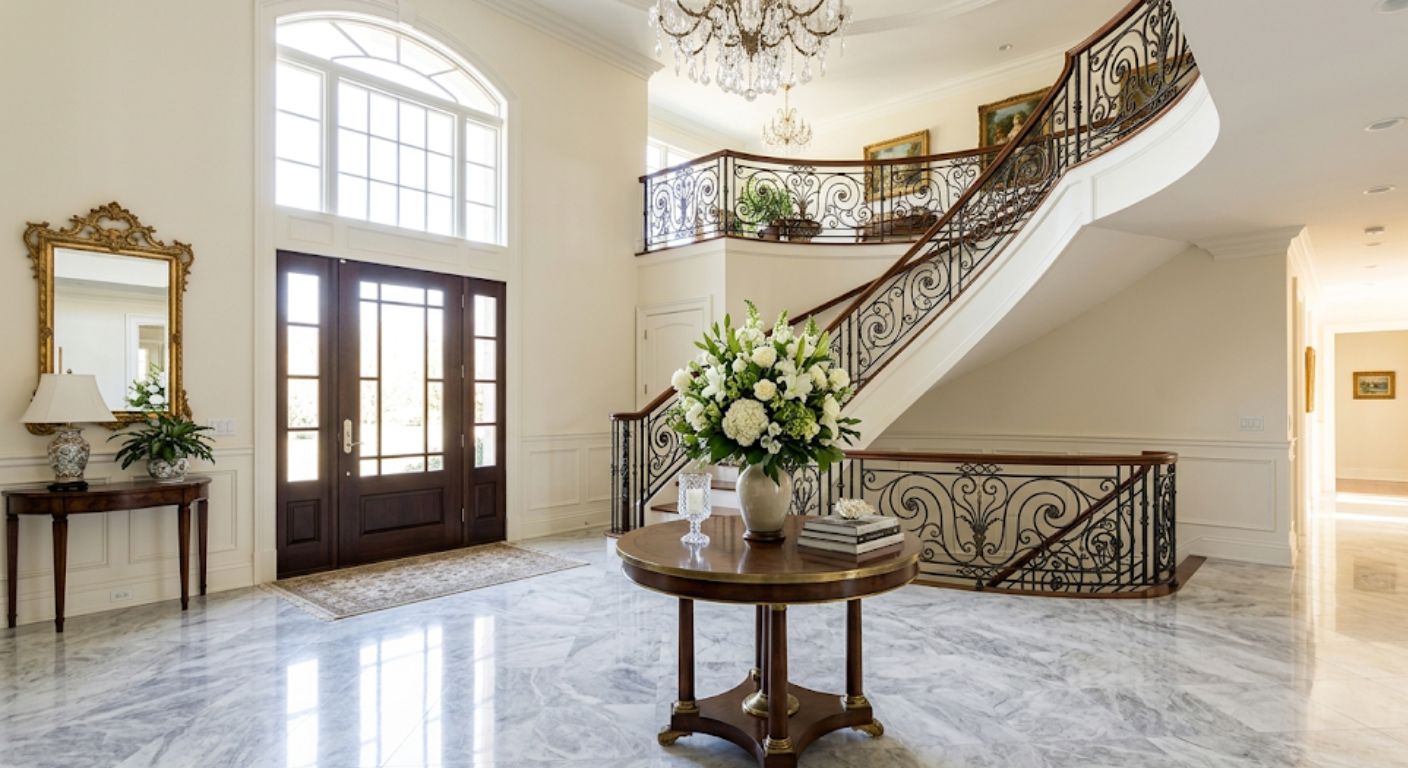 Bright luxury entryway with marble floors and curved staircase in a Washington DC home