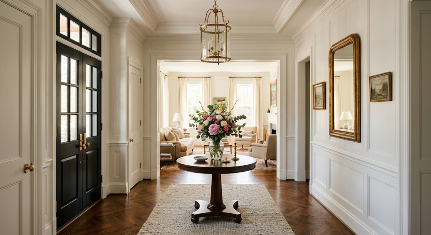 Elegant luxury home foyer with marble floors and pendant light in a Washington DC property for sale