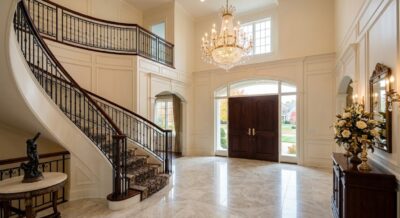 Grand entryway with sweeping staircase and marble floors in a luxury home in the Washington DC metro area