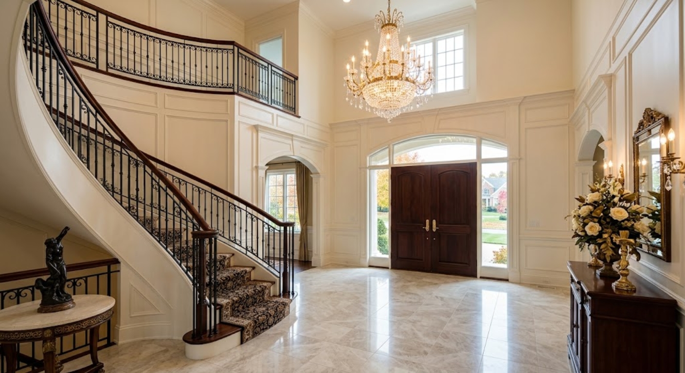 Grand entryway with sweeping staircase and marble floors in a luxury home in the Washington DC metro area