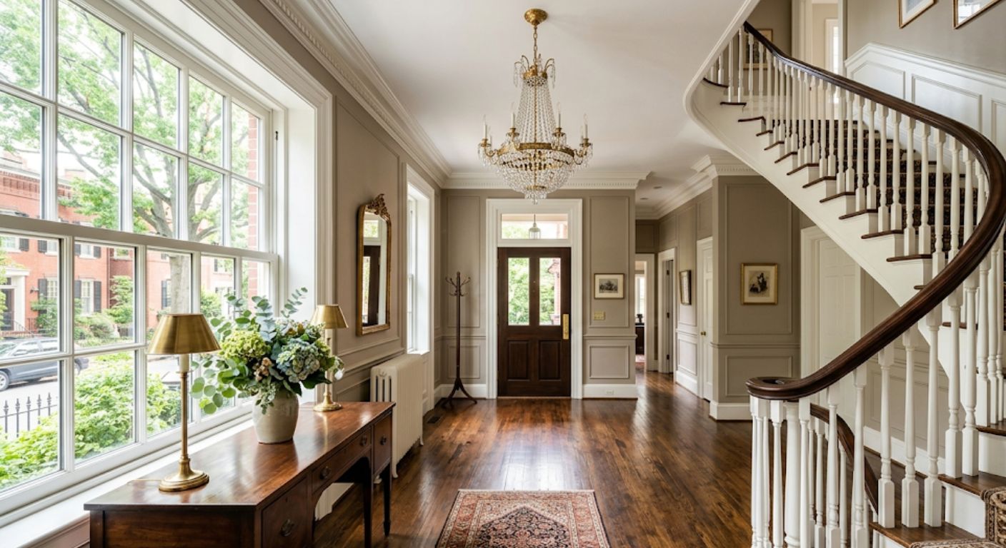 Grand foyer with hardwood floors and staircase in a luxury Washington DC home