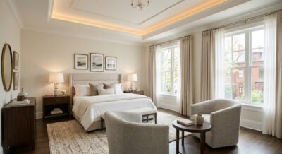Elegant luxury master suite with tray ceiling, sitting area, and large windows in a Washington DC home