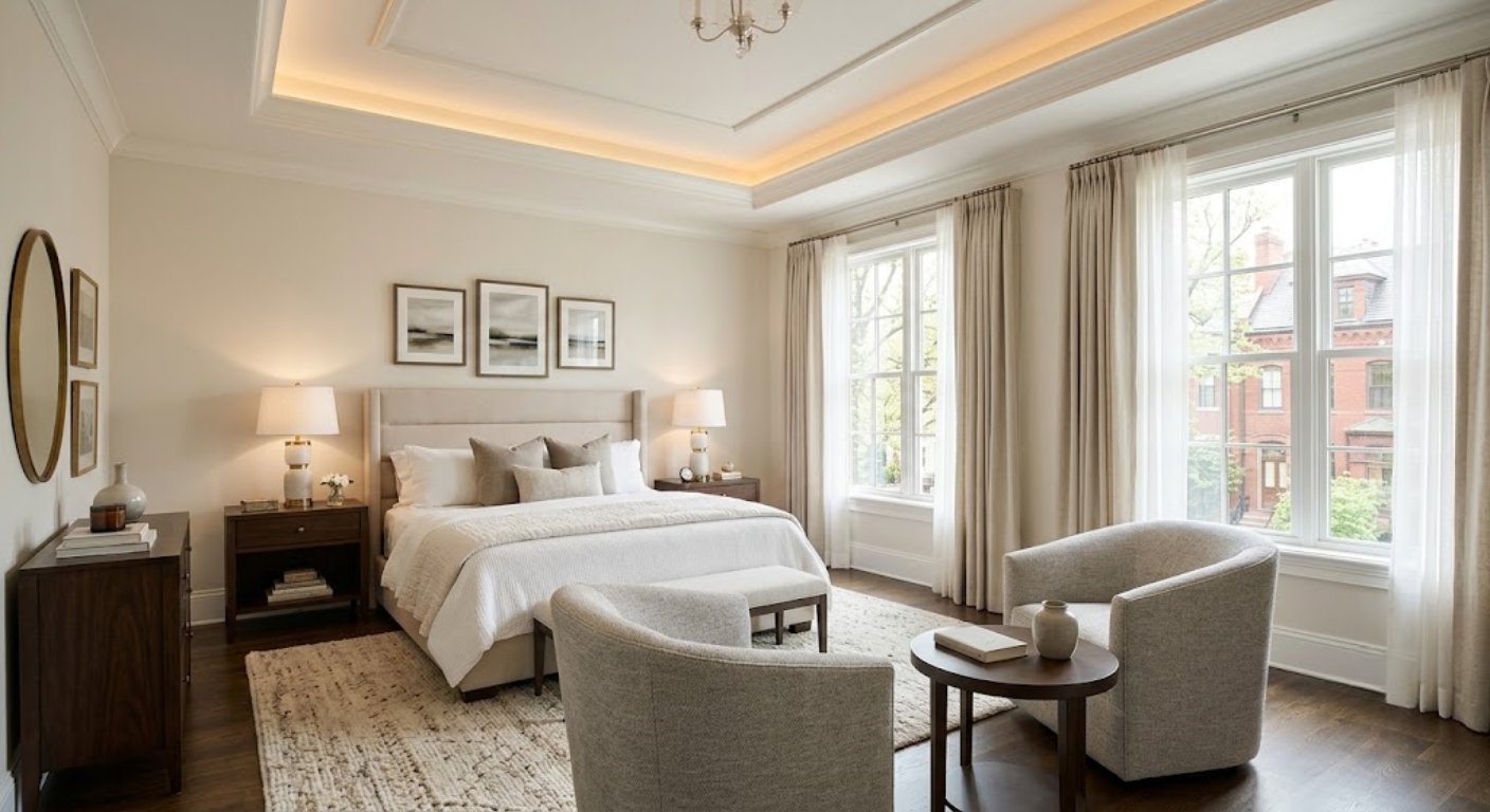 Elegant luxury master suite with tray ceiling, sitting area, and large windows in a Washington DC home