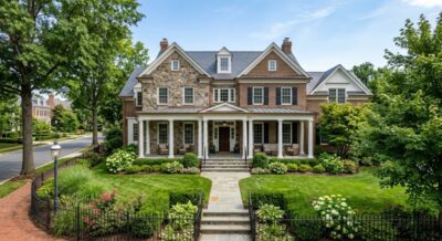 Traditional stone and brick luxury home exterior with manicured garden in Northwest Washington DC