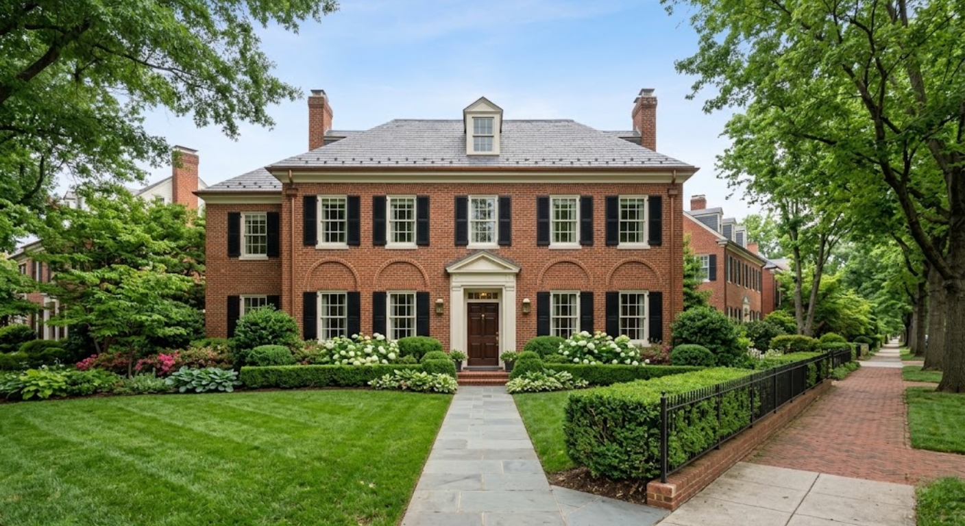 Exterior of a brick single-family home on a residential street in Wesley Heights, Washington DC