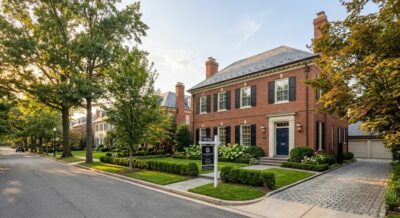 Traditional brick luxury home with a for-sale sign on a quiet residential street in Washington DC