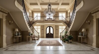 Interior grand foyer with marble floors and double staircase in a McLean Virginia luxury home