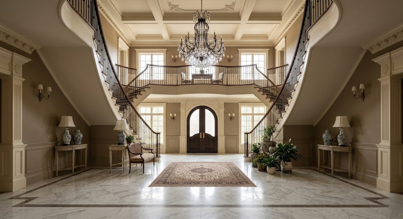 Interior grand foyer with marble floors and double staircase in a McLean Virginia luxury home