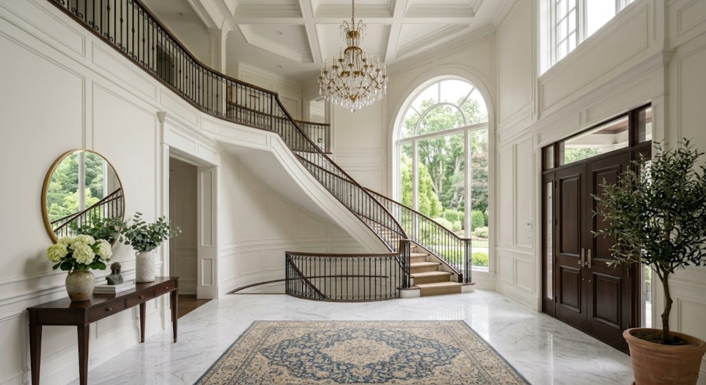 Luxury home foyer with grand staircase and marble floors in Washington DC