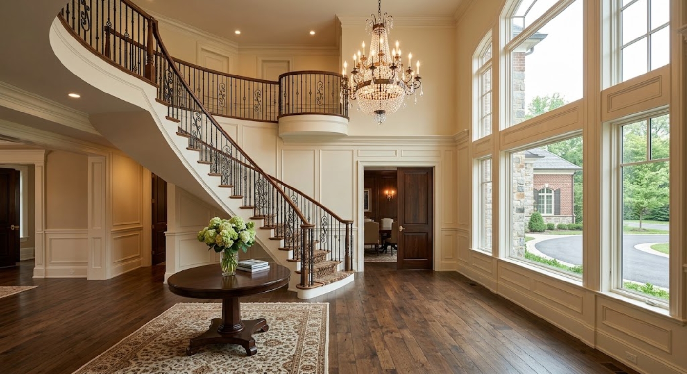 Grand two-story foyer with curved staircase and chandelier in a luxury home in Vienna Virginia