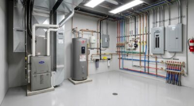 Clean mechanical room in a luxury DC home with new HVAC system and water heater