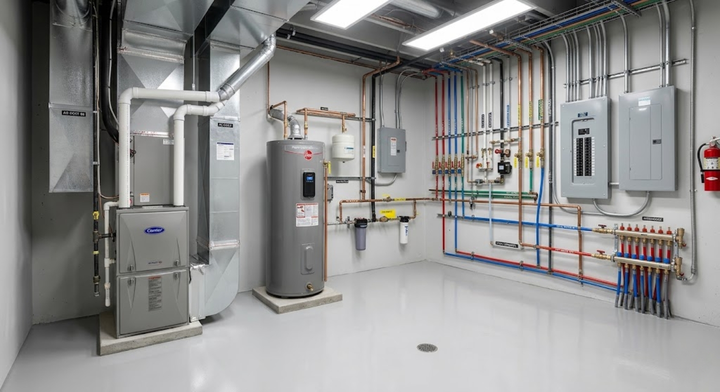 Clean mechanical room in a luxury DC home with new HVAC system and water heater
