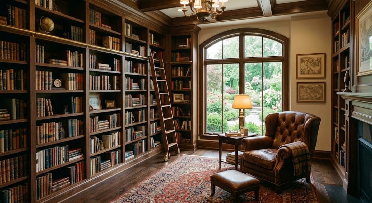 Luxury home library with floor-to-ceiling bookshelves, leather armchair, and garden view in a Washington DC property