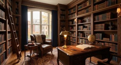 Refined luxury home library with floor-to-ceiling built-in bookshelves and leather reading chair in a Washington DC home