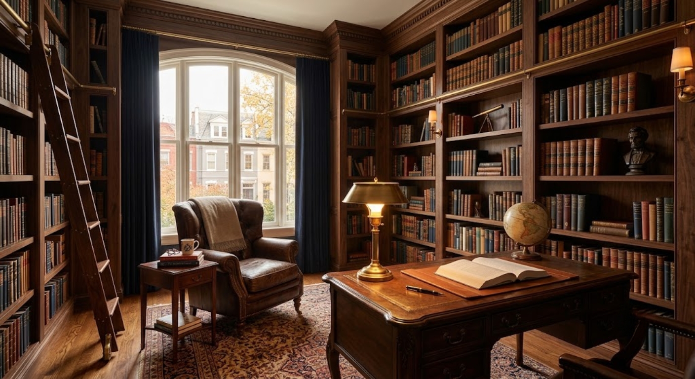 Refined luxury home library with floor-to-ceiling built-in bookshelves and leather reading chair in a Washington DC home