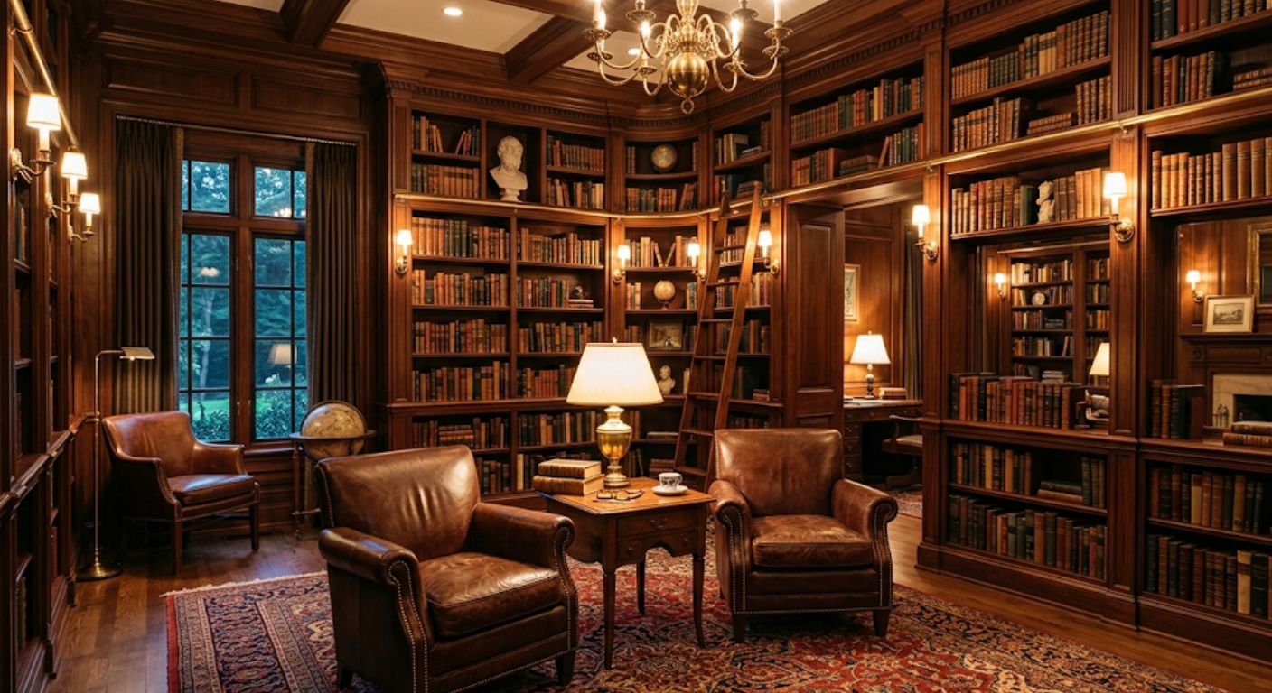 Classic home library with floor-to-ceiling bookshelves and leather chairs in a Washington DC estate property