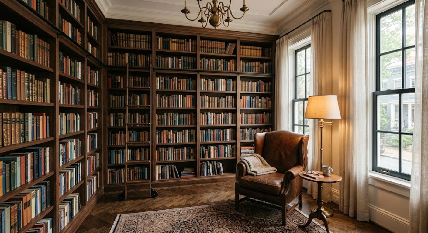 Well-appointed home library with built-in dark wood bookshelves, reading chair, and herringbone floors in a Washington DC luxury rowhouse