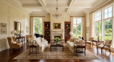 High-end kitchen with marble countertops and white cabinetry in a luxury home in Chevy Chase Maryland
