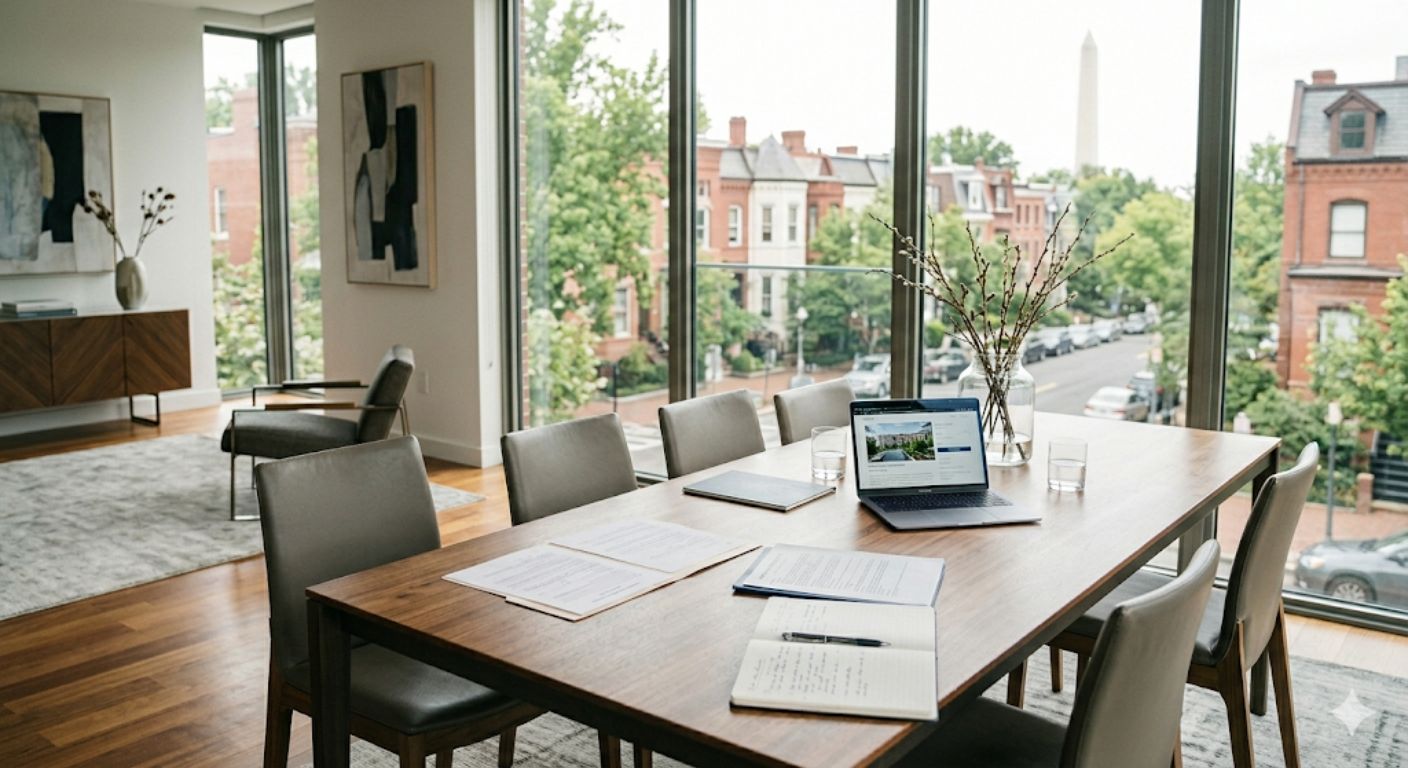 Couple reviewing a real estate offer document with their agent inside a luxury home in Washington DC