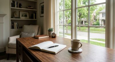 Luxury home office with wooden desk, open notebook, and residential street view in Washington DC