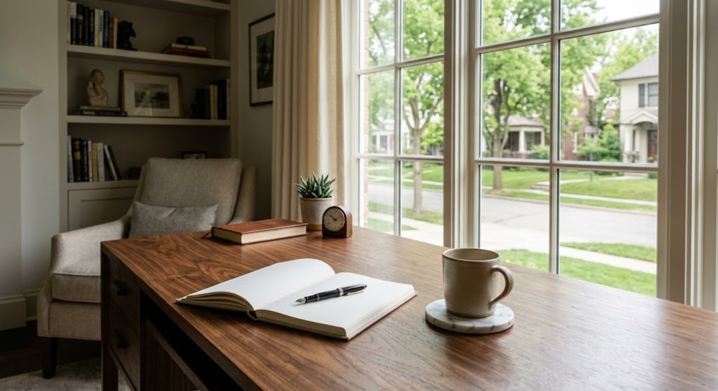 Luxury home office with wooden desk, open notebook, and residential street view in Washington DC