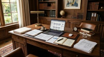 Luxury home office with dark wood desk, laptop, and documents in soft afternoon light