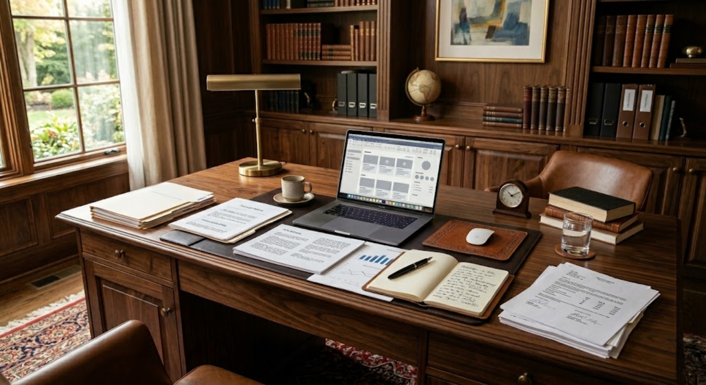 Luxury home office with dark wood desk, laptop, and documents in soft afternoon light
