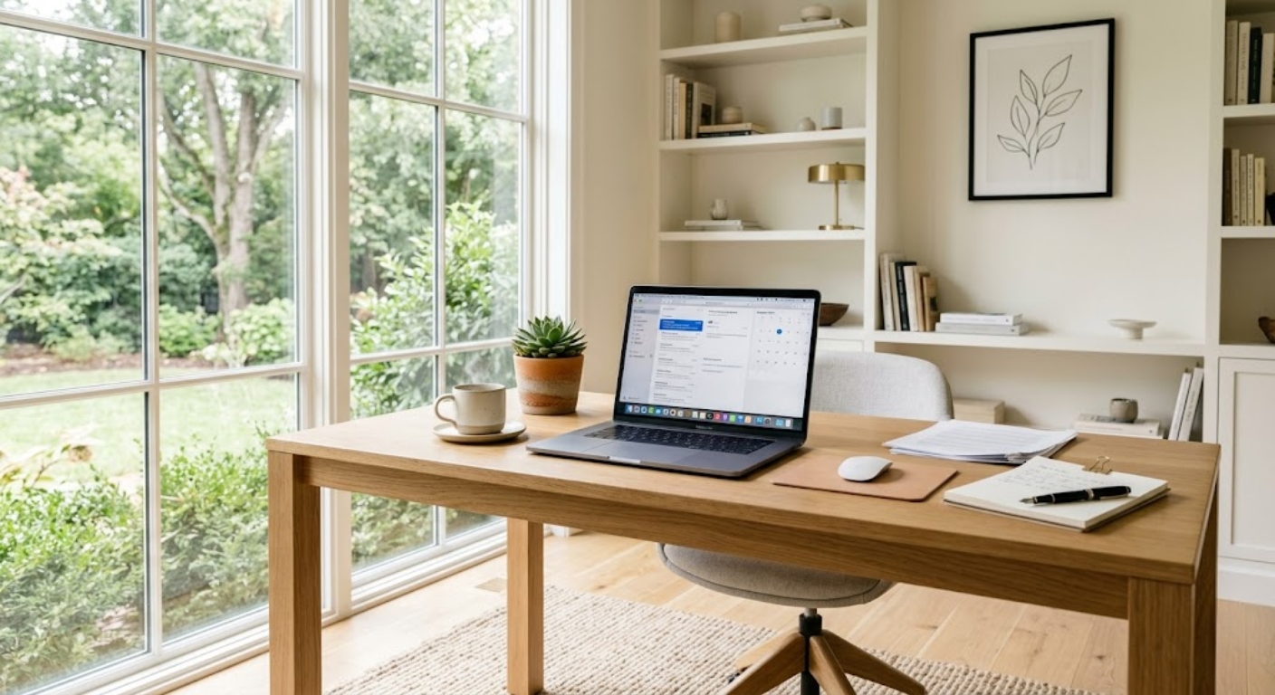 Bright luxury home office with wooden desk and open laptop in a Washington DC home