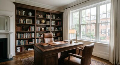 Clean luxury home office with built-in bookshelves and natural light in a Washington DC home