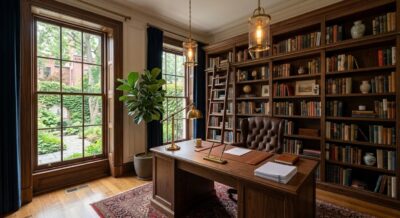 Quiet luxury home office with built-in bookshelves, large wooden desk, and garden view in a Washington DC home
