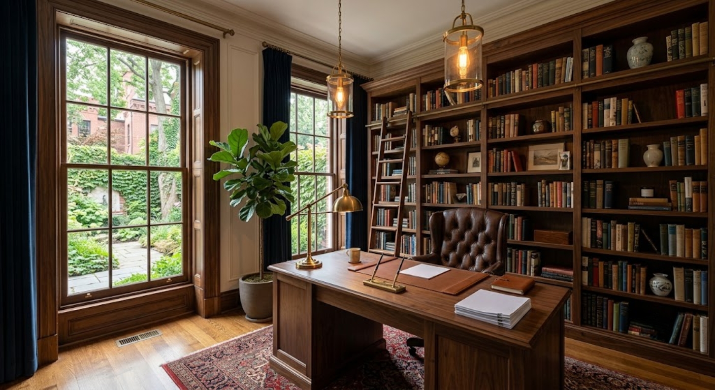 Quiet luxury home office with built-in bookshelves, large wooden desk, and garden view in a Washington DC home