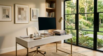 Modern luxury home office with wooden desk, brass lamp, and large windows in a Washington DC home