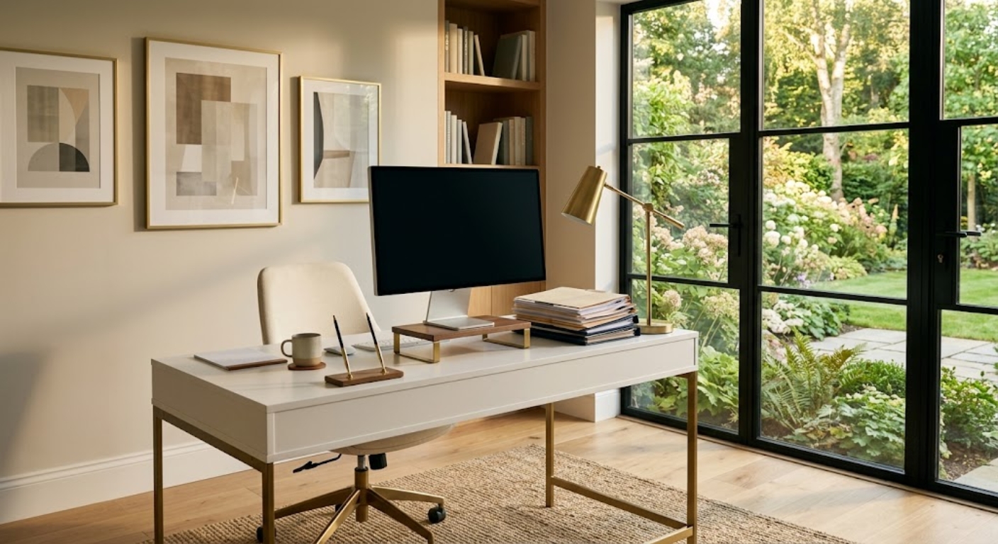 Modern luxury home office with wooden desk, brass lamp, and large windows in a Washington DC home