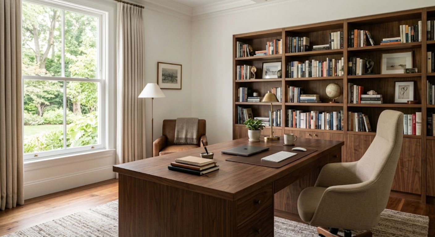 Clean luxury home office with wooden desk and natural light in a Washington DC home
