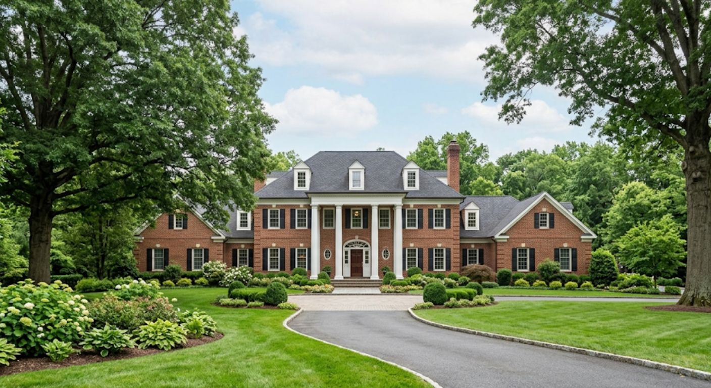 Luxury colonial home with brick facade and mature trees in Potomac Maryland